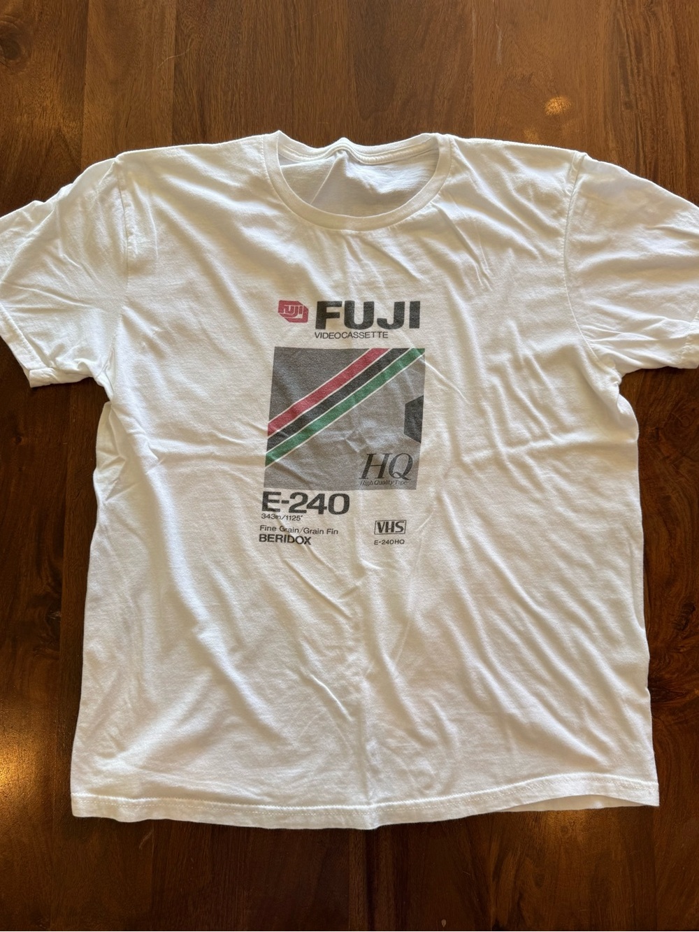 Vintage FUJI White Graphic Tee with Red Green Black Stripes